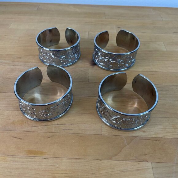 Vintage Floral Etched Napkin Rings Cuffs Set Of 4 Silver Tone - Picture 2 of 9
